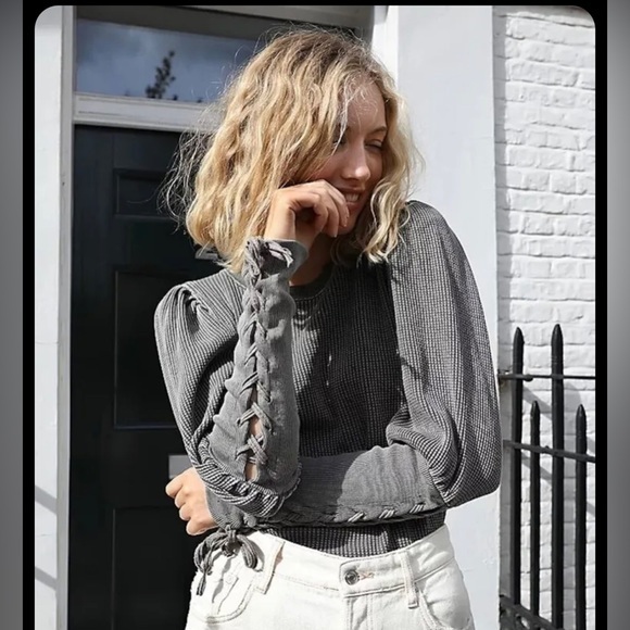 Free People Fp One Tasha Thermal Top Braid Lace Up Pullover Blouse Gray RR - Picture 1 of 9